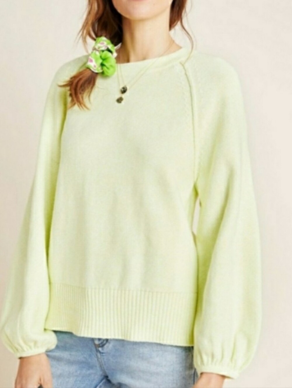 Anthropologie pastel lime green puff sleeve sweater with a cute tie back detail